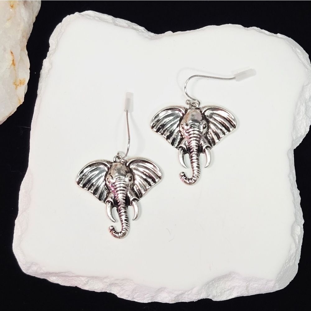 Silver Elephant Earrings – Boho Safari Wild Animal Dangle Drops Unique Novelty